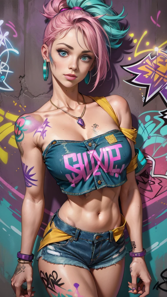masterpiece, best quality, 1 Girl, Solitary, (Top of crop violet :1.4) , (Denim shorts pink+yellow :1.4) , Necklace, (Graffiti:1.4 ), Paint splatter, Put your hands behind your back, Against the wall, Looking at the audience, armband, Thigh straps, Body paint, Head tilt, boring, Colorful hair, (Aqua eyes:1.4) , earphone,(face detailed :1.4), (colores brillantes cyberpunk)