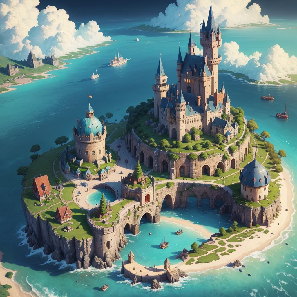 A small floating magical medieval island city, top-down view, houses, various important locations, wizard's castle, medieval architecture, luminous details, wizard's tower with magical lights, welcoming asylum, vibrant school, robust bank, lively tavern, military training grounds, bustling market, official mayor's building, discreet brothel, port with docks, blue surrounding water, protective walls, vibrant colors, D&D map, drawn, small island, rpg drawing, fantasy sketch, various buildings, assymetric, round island, Small city, simple drawing, sketch, painting, floating island, flying island, painting, flying city in the style of inkarnate, painted, raw painting