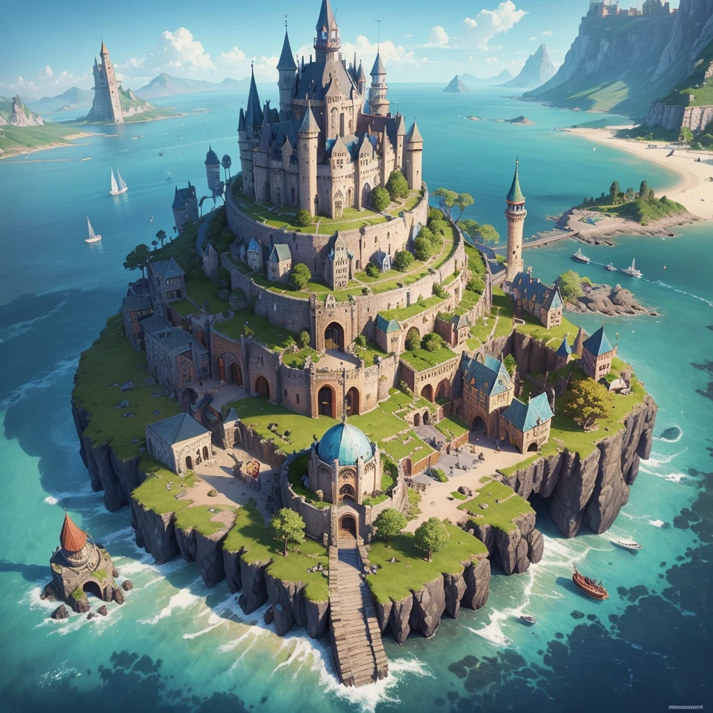 A small floating magical medieval island city, top-down view, houses, various important locations, wizard's castle, medieval architecture, luminous details, wizard's tower with magical lights, welcoming asylum, vibrant school, robust bank, lively tavern, military training grounds, bustling market, official mayor's building, discreet brothel, port with docks, blue surrounding water, protective walls, vibrant colors, D&D map, drawn, small island, rpg drawing, fantasy sketch, various buildings, assymetric, round island, Small city, simple drawing, sketch, painting, floating island, flying island, painting, flying city in the style of inkarnate, painted, raw painting