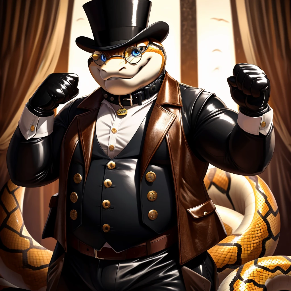 Solo, Male, fat, extremely obese, gentleman, dapper Professor Snake, blue eyes, (posing:1.3), (soft shading), 4k, hi res, ((detailed face, detailed)), looking at viewer, mouth wide open, steampunk, collared shirt with buttons, top hat, male focus, Explorer Outfit, glasses, monocle, vest with buttons, sleeves rolled up, round eyewear, brown headwear, brown vest, Snake is wearing a glossy leather dog collar around the neck, Snake is wearing the leather collar and shirt and vest at the same time, Snake is wearing glossy white rubber gloves on the hands, wearing white rubber gloves on the feet, gloves are rubber in texture, clenching teeth, clenching fists, leather collar is glossy and shiny with a lot of detail, Snake is wearing gloves and leather collar at the same time, leather collar has a round dog-tag, leather collar is thick and detailed, leather collar is glossy and shiny, fancy clothing, dapper vest, dapper shirt, leather collar is thick, glossy leather collar.
