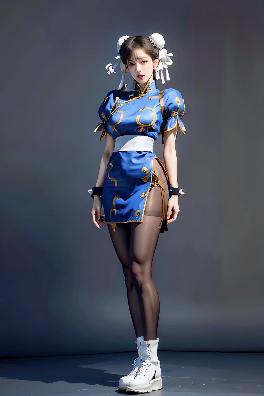 (full body:1.4), (A chun-li posing for a picture:1.4),tall, (hands on crotch:1.4),(gather legs:1.4),(shy:1.4),white background,chun-li, (standing:2),Bun head,bun covers, boots, bracelet, brown pantyhose, china dress, blue china dress color, chinese clothes, blue china clothes color,cross-laced footwear, dress, gold trim, jewelry,20 denial pantyhose, brown pantyhose color,pelvic curtain, puffy sleeves, sash, short sleeves, side slit, spiked bracelet, spikes and white footwear, beauty face, big breast, thick tight