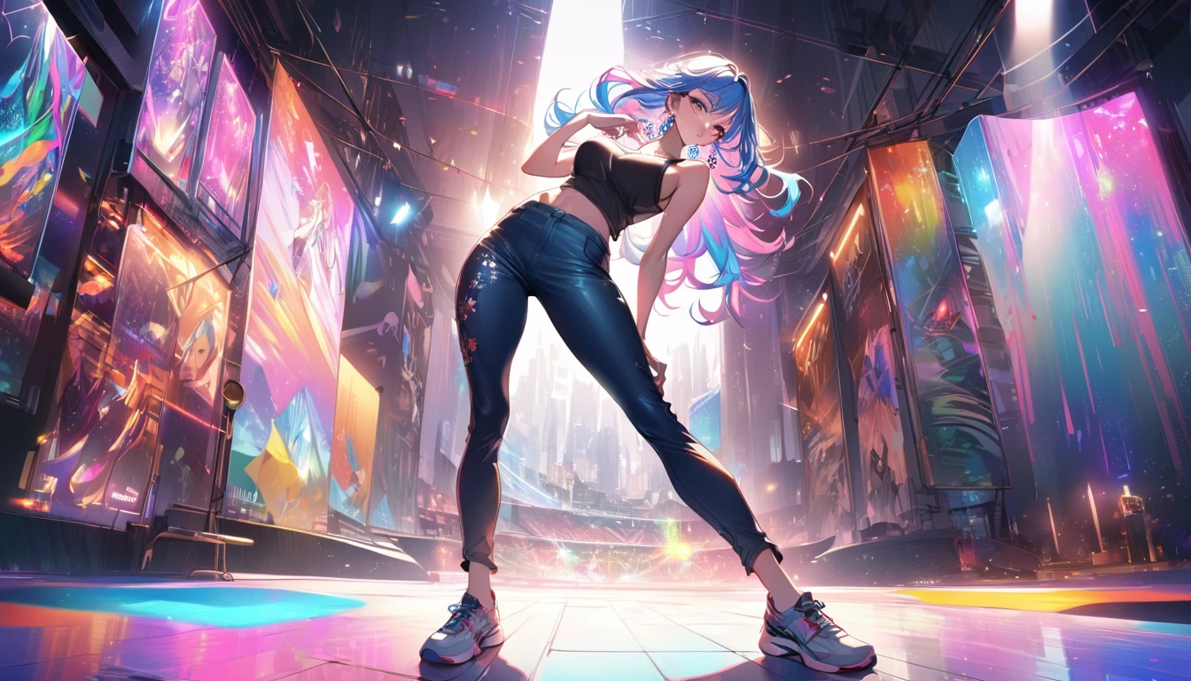 8K,Gal，Very delicate and beautiful,Have big breasts, Beautiful and realistic skin,Sparkling jewel earrings,Long and colorful hair,Beautiful Eyes,whole body,Head to Toe,Beautiful Legs,skinny pants,Tank top,Hip Hop Dance