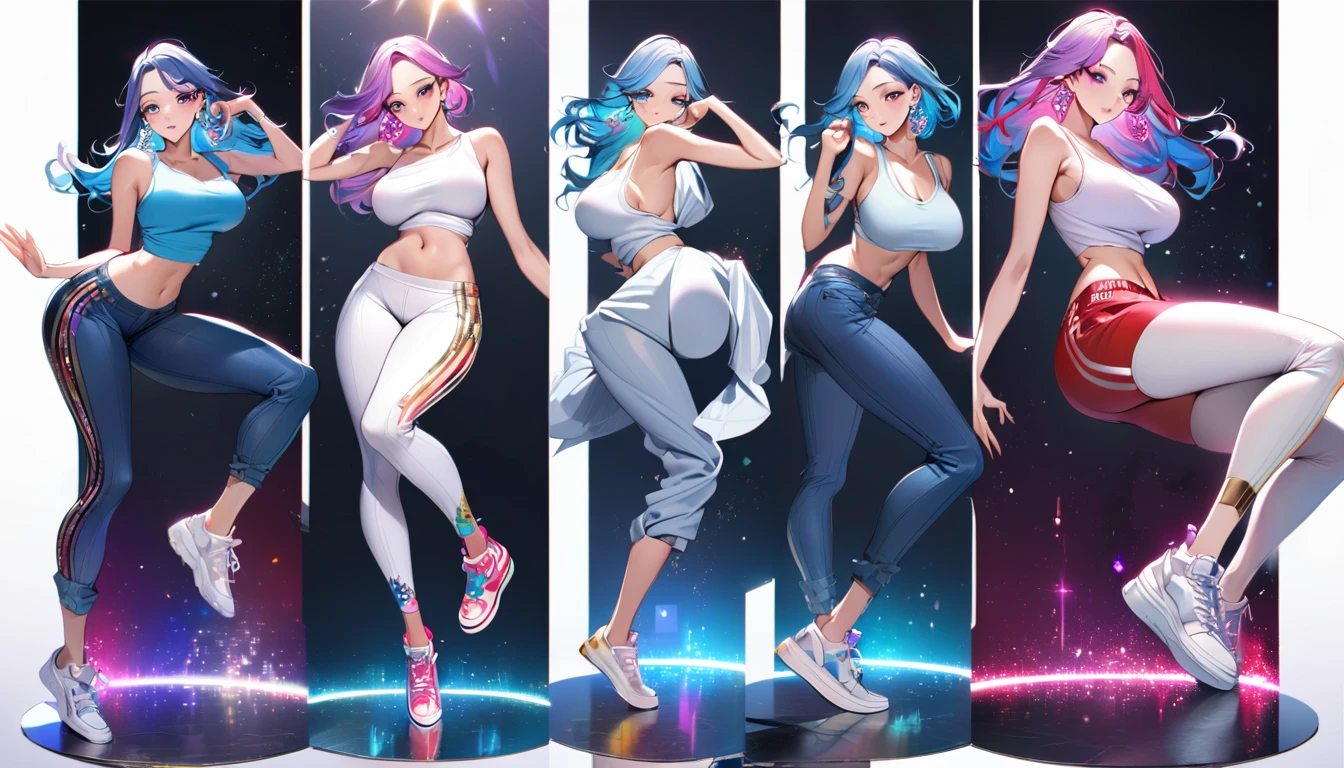 8K,Gal,Very delicate and beautiful,Have big breasts, Beautiful and realistic skin,Sparkling jewel earrings,Long and colorful hair,Beautiful Eyes,whole body,Head to Toe,Beautiful Legs,skinny pants,Tank top,Hip Hop Dance