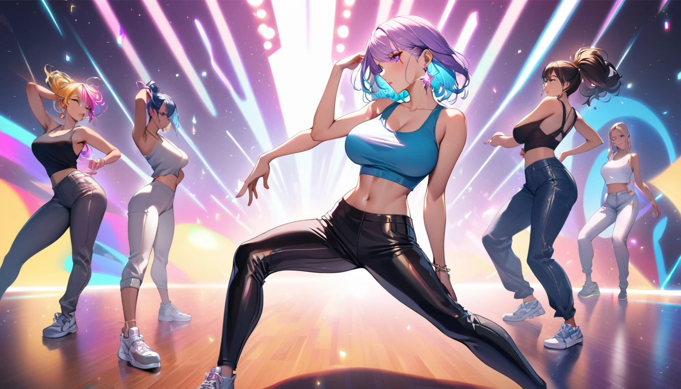 8K,Gal,Very delicate and beautiful,Have big breasts, Beautiful and realistic skin,Sparkling jewel earrings,Long and colorful hair,Beautiful Eyes,whole body,Head to Toe,Beautiful Legs,skinny pants,Tank top,Hip Hop Dance