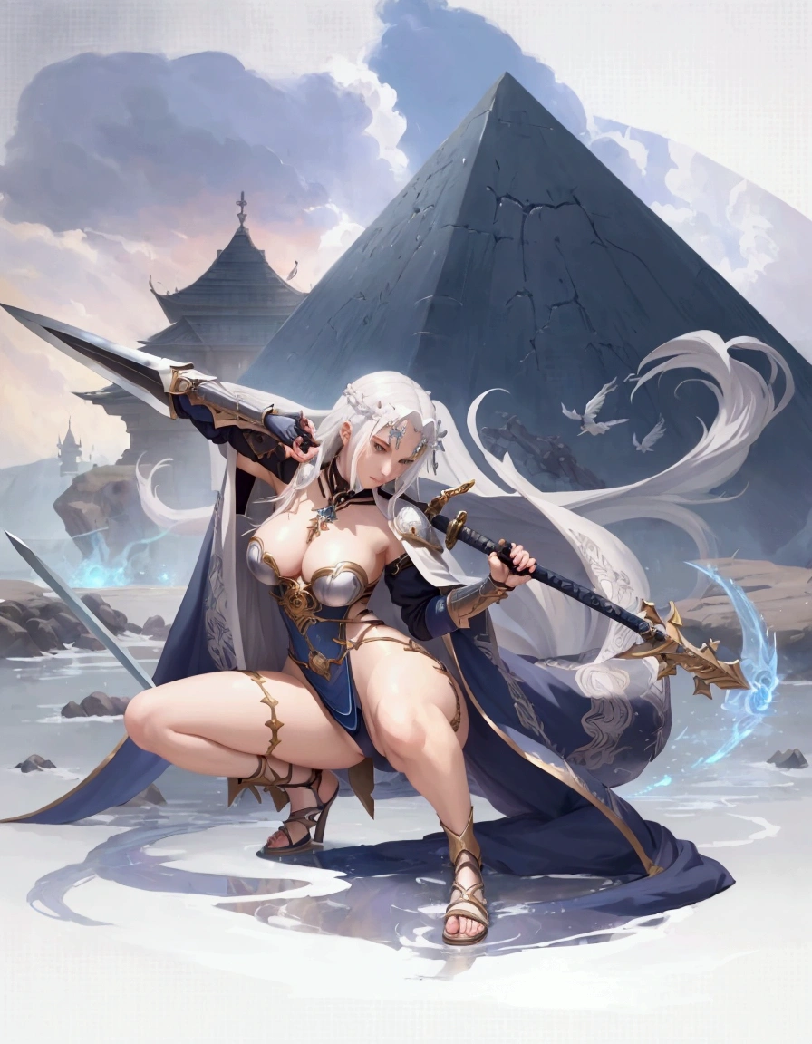 a close-up of a woman with a sword and a sword in her hand, cushart krenz arte chave feminino, white haired deity, masterpiece goddess of sorrow, detailed key anime art, high detailed official artwork, Anime goddess, art book art, girl of the zodiac knights, trends on artstation pixiv, complete art, mystical atlantean valkyrie