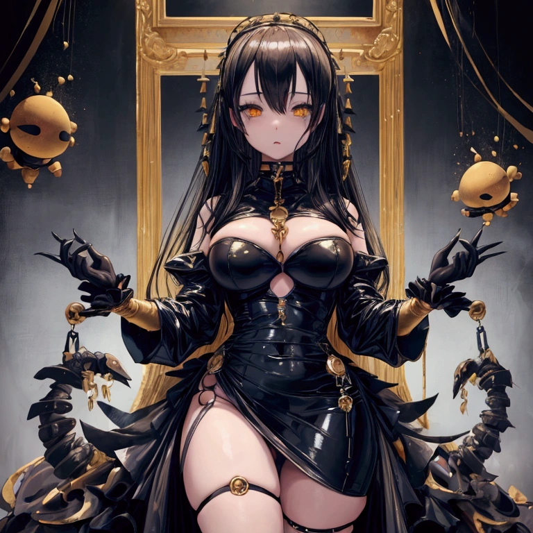 score_9, score_8_up, score_7_up, score_6_up, source_oil_painting, futanari, solo, black background, steam floating, space, doll joints, android, queen, saggy_breasts, golden black nails, black dress, faceless, hot steamy penis