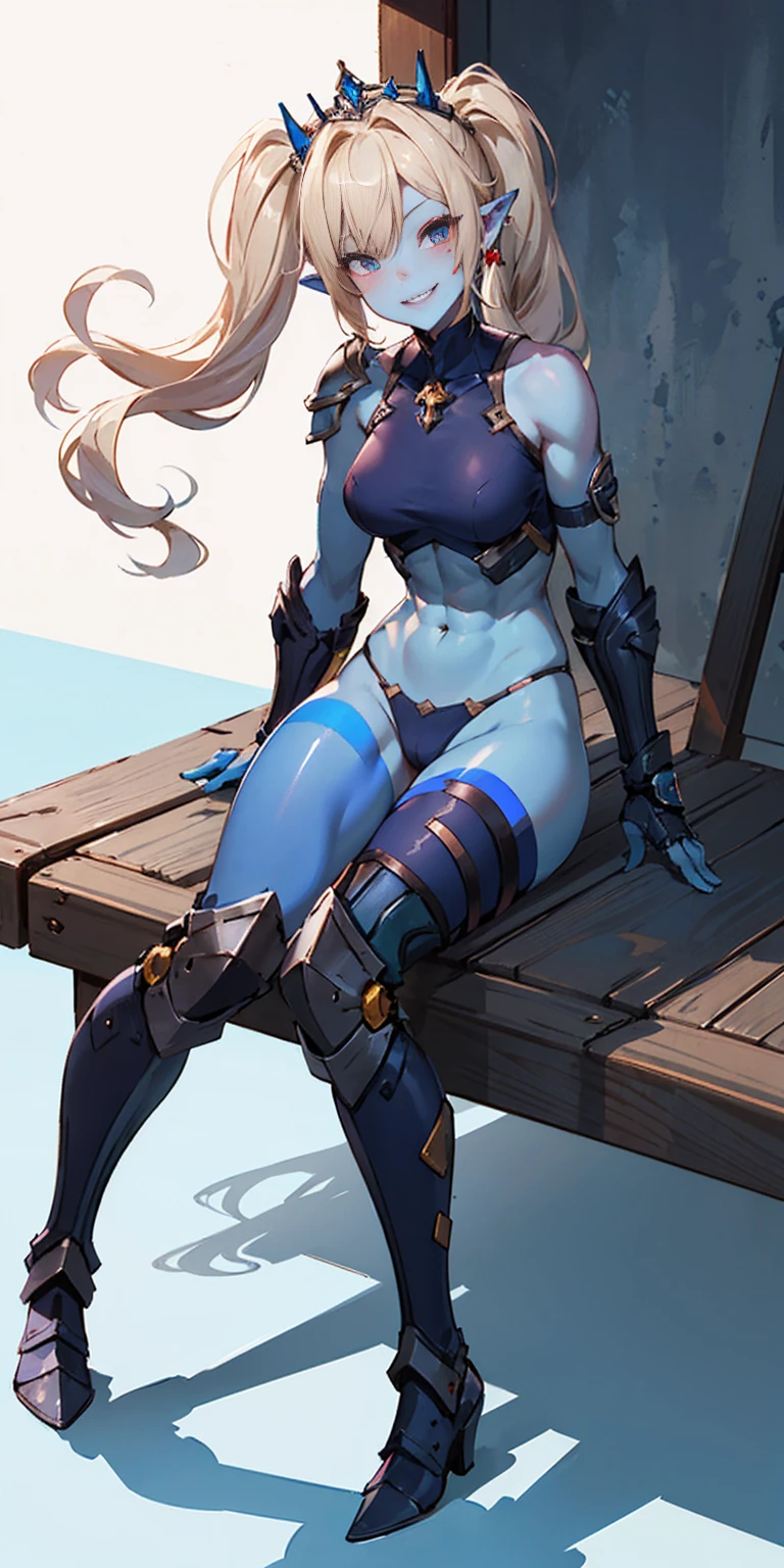 full body sitting on a bench showing ass to me, BLUE breastplate, BLUE skin (1girl)(BLUE skin:1.2), looking at viewer, shiny, armor, thigh highs, high boots, pauldrons shoulder armor, faulds, poleyn, gloves, gauntlets, rerebrace armored boots, (masterpiece, best quality, ultra-detailed, best shadow) yordle pointy ears muscular lean platinum blonde long twin-tails hairstyle at the office lustful smirking smile face red blushed, blush, strong abs, female body builder, tiara, twin drills hair