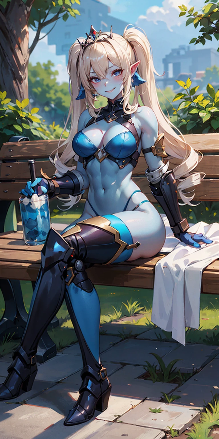 full body sitting on a bench showing ass to me, BLUE breastplate, BLUE skin (1girl)(BLUE skin:1.2), looking at viewer, shiny, armor, thigh highs, high boots, pauldrons shoulder armor, faulds, poleyn, gloves, gauntlets, rerebrace armored boots, (masterpiece, best quality, ultra-detailed, best shadow) yordle pointy ears muscular lean platinum blonde long twin-tails hairstyle at the office lustful smirking smile face red blushed, blush, strong abs, female body builder, tiara, twin drills hair