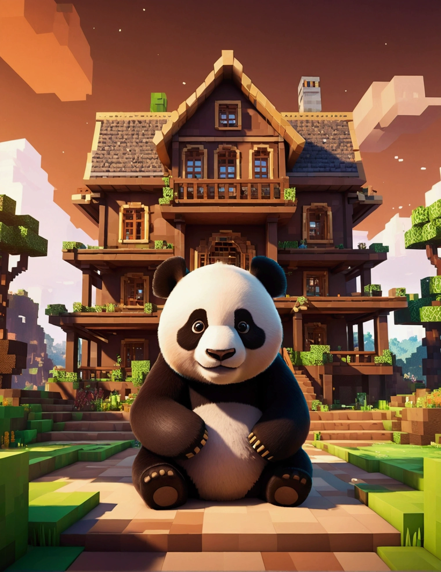 opulent, 3d, game art, dream magical, Beautiful biomes, cozily, Perfectcomposition, Minecraft style, colorful, Nice looking building, Wallpaper quality, design sense, aesthetics, Cartoon feel, Minecraft art style, 8K, a panda with a big house all brown color made of mud behind him