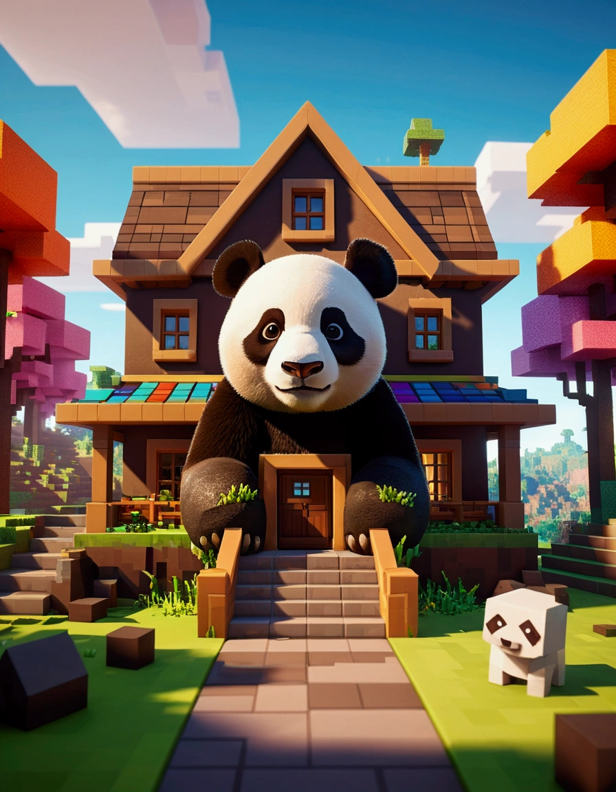 opulent, 3d, game art, dream magical, Beautiful biomes, cozily, Perfectcomposition, Minecraft style, colorful, Nice looking building, Wallpaper quality, design sense, aesthetics, Cartoon feel, Minecraft art style, 8K, a panda with a big house all brown color made of mud behind him
