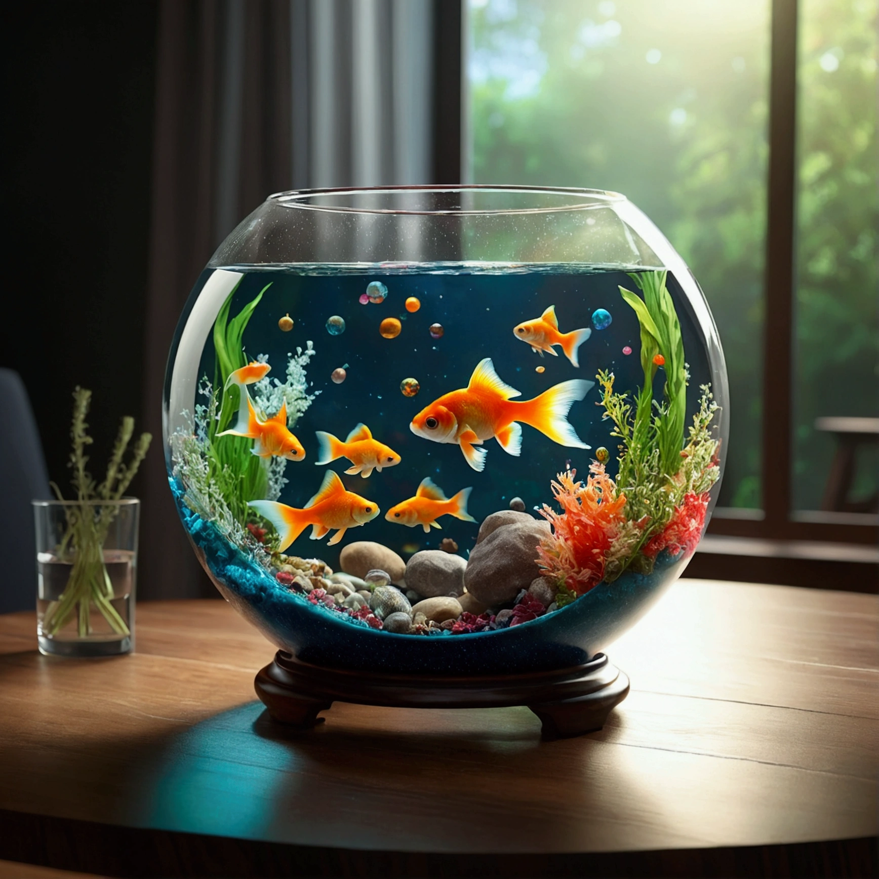 goldfish bowl, The whole universe exists in glass.., Planets and galaxies in glass, Wooden dining table, Ultra-realistic, Super detailed, Dramatic lighting, 4K, Ultra HD, Realistic, Bright colors, Very detailed, UHD rendering, Pen and ink, Perfect composition, beautifully、In detail、Complex、Extremely、Detailed octane ratings are trending at art stations, 8k art photography, Photorealistic concept art, Perfect cinematic light with soft, natural volume