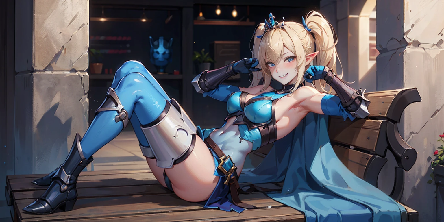 full body sitting on a bench showing ass to me, BLUE breastplate, BLUE skin (1girl)(BLUE skin:1.2), looking at viewer, shiny, armor, thigh highs, high boots, pauldrons shoulder armor, faulds, poleyn, gloves, gauntlets, rerebrace armored boots, (masterpiece, best quality, ultra-detailed, best shadow) yordle pointy ears muscular lean platinum blonde long twin-tails hairstyle at the office lustful smirking smile face red blushed, blush, strong abs, female body builder, tiara, twin drills hair