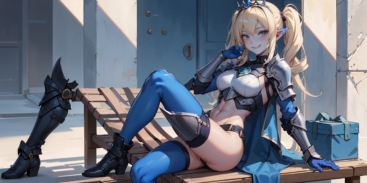 full body sitting on a bench showing ass to me, BLUE breastplate, BLUE skin (1girl)(BLUE skin:1.2), looking at viewer, shiny, armor, thigh highs, high boots, pauldrons shoulder armor, faulds, poleyn, gloves, gauntlets, rerebrace armored boots, (masterpiece, best quality, ultra-detailed, best shadow) yordle pointy ears muscular lean platinum blonde long twin-tails hairstyle at the office lustful smirking smile face red blushed, blush, strong abs, female body builder, tiara, twin drills hair
