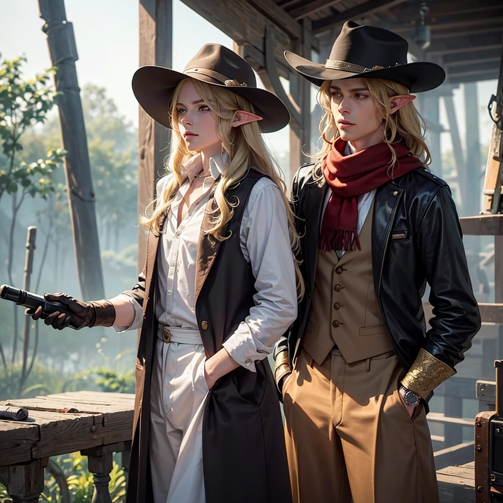 An elf of about 1.in 87 centimeters,with long wavy blonde hair, leaf green eyed, with a white shirt rolled up to his elbows, a dark brown leather vest, with a black cowboy hat, with a wine red scarf around his neck, black gloves on both hands, hands put in pockets, looking forward with a serious look, In the middle of the night, with a forest environment, with the lighting hitting him from behind giving him a dark look on his face due to lack of lighting 