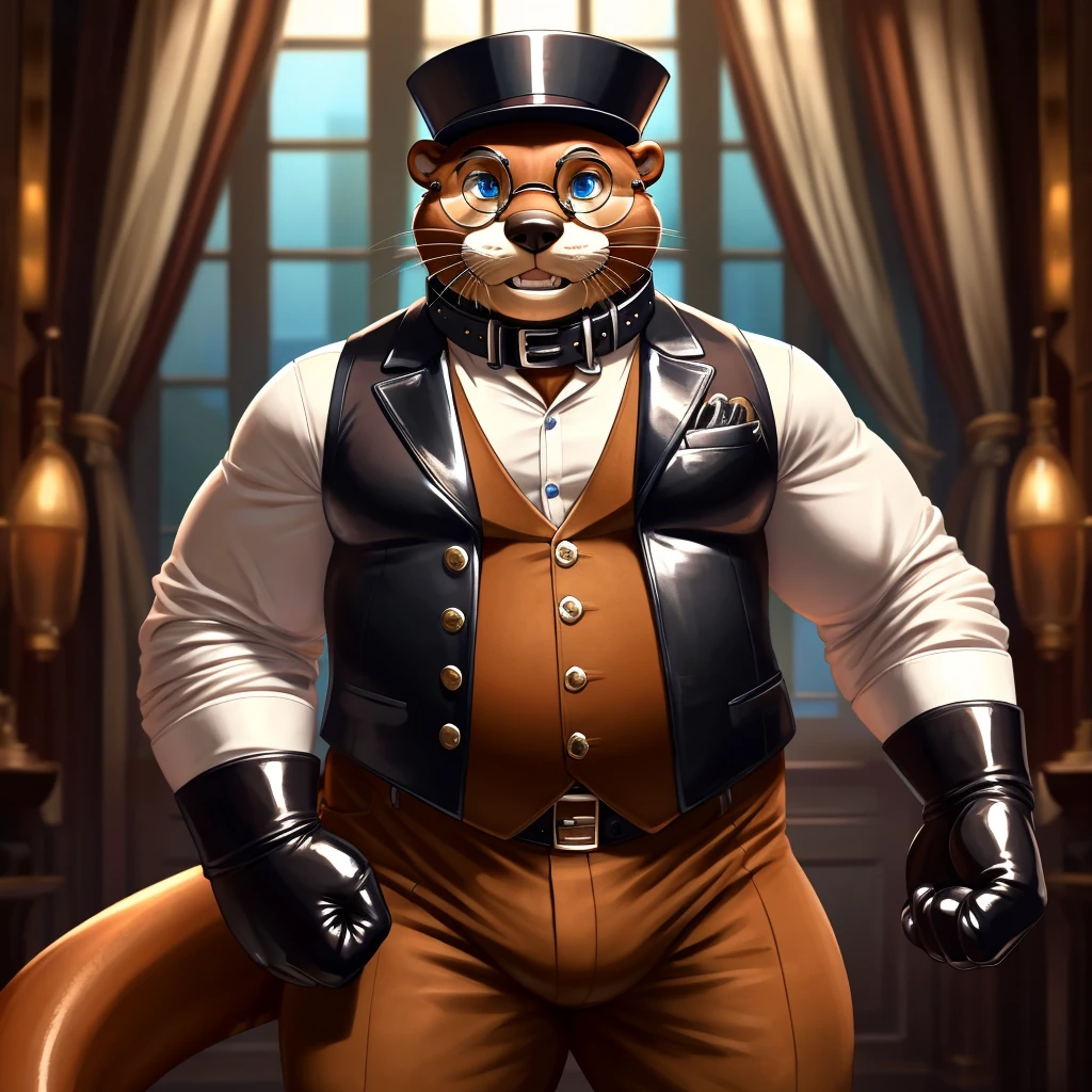 Solo, Male, fat, extremely obese, gentleman, dapper Professor Otter, with a large penis and testicles, ejaculating extreme amounts of sperm from the penis, blue eyes, (posing:1.3), (soft shading), 4k, hi res, ((detailed face, detailed)), looking at viewer, evil grin, steampunk, collared shirt with buttons, top hat, male focus, Explorer Outfit, glasses, monocle, bag, vest with buttons, backpack, sleeves rolled up, round eyewear, brown headwear, brown vest, Otter is wearing a glossy leather dog collar around the neck, Otter is wearing the leather collar and shirt and vest at the same time, Otter is wearing glossy white rubber gloves on the hands, wearing white rubber gloves on the feet, Otter is wearing glossy white cuffs around the wrists with cufflinks, gloves are rubber in texture, clenching teeth, Otter is rubbing his penis with hands, leather collar is glossy and shiny with a lot of detail, Otter is wearing gloves and cuffs and cufflinks at the same time, leather collar has a round dog-tag, leather collar is thick and detailed, sperm is sticky in texture.