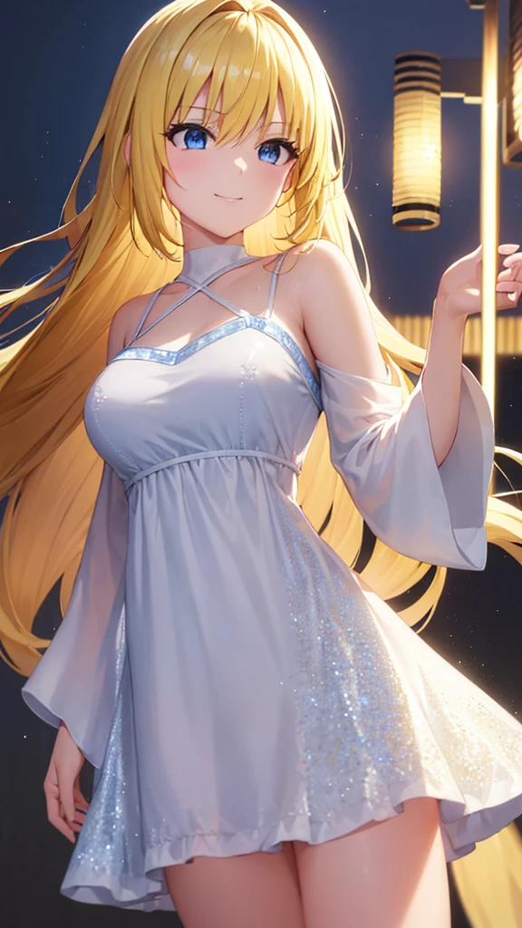 (masterpiece:1.3), (best quality, epic high quality:1.1), (8k, ultra detailed, ultra high res:1.2), ((anime style)), perfect 5 fingers, perfect anatomy, 
1girl,
BREAK long hair, wavy hair, 
(blonde hair), 
(blue eyes), 
medium breasts, camisole, (Sequins, white Sequins:1.3), 
BREAK smile, 
(gazing skyward:1.3), standing, 
cowboy shot, 
black background, 