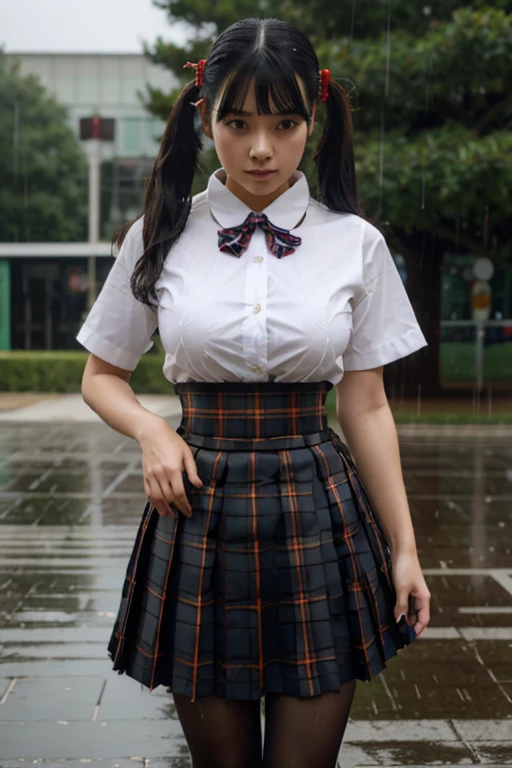 LingX,black hair,twintails,brown eyes,hair ornament, pantyhose (insanely detailed, masterpiece, best quality),solo, steam , rain , plaid skirt , pleated skirt , Tight shirt , white Shirt , school girl , red bow , red knot ,