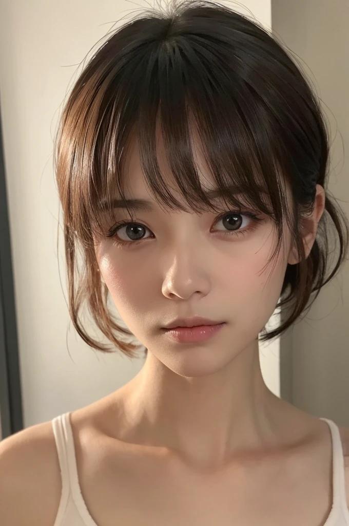 35 years old, single eyelids, small and thin、Bangs up to the eyes、No makeup、Photo of a man in a dimly lit room、neutral、Male