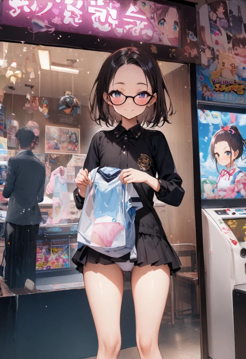 from behind,Butt、Her miniskirt flutters and her panties are visible、Panty shot、arcade、game machine、Game bench、UFO Catcher、Purikura、Date、Fashionable glasses、forehead、Girl、Girl、Short、Younger、Lower school year、Baby Face、flat chest、smile、Dynamic Angle、masterpiece、best quality、ultra-detail、There are customers around、I'm making a mess、Clothing