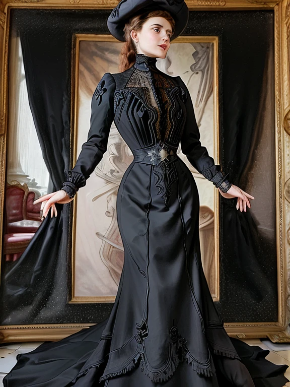 masterpiece, uhd, sharp color  photo of one beautiful woman wearing a high-neck layered black dress, with a hat on and hourglass figure, wasp waist, coseted, at a Parisian cafe  belle epoche dress