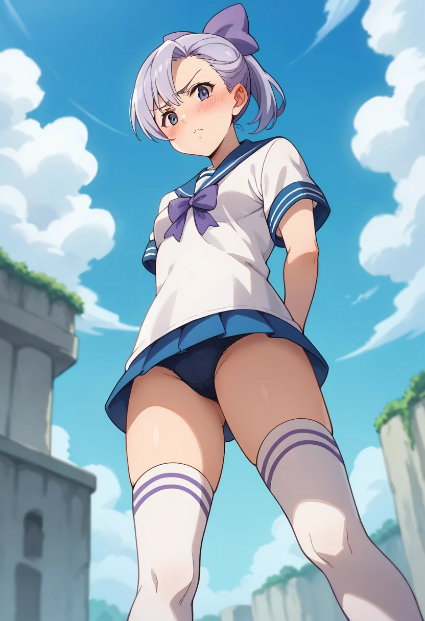 score_9, score_8_up, score_7_up, source_anime, masterpiece, jericho7, 1girl, lavender hair, hair bow, sailor uniform, lilac thigh highs, sky, blue sky, arms behind back, from below, blush, looking at viewer , tough look