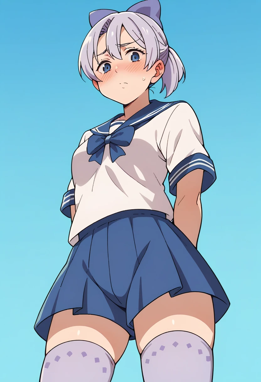 score_9, score_8_up, score_7_up, source_anime, masterpiece, jericho7, 1girl, lavender hair, hair bow, sailor uniform, lilac thigh highs, sky, blue sky, arms behind back, from below, blush, looking at viewer , tough look