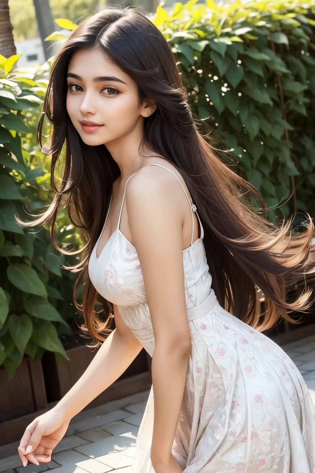 Elegant teenage girl, , indian girl style, crooked but elegant nose, wide, elegant sensual lips small, sweet eyes, Curvy body with delicate, beautiful slender and proportional measurements... Dark brown eyes and long straight hair... standing, With a long, flowery dress smiling with eyes that lack love... fully body.