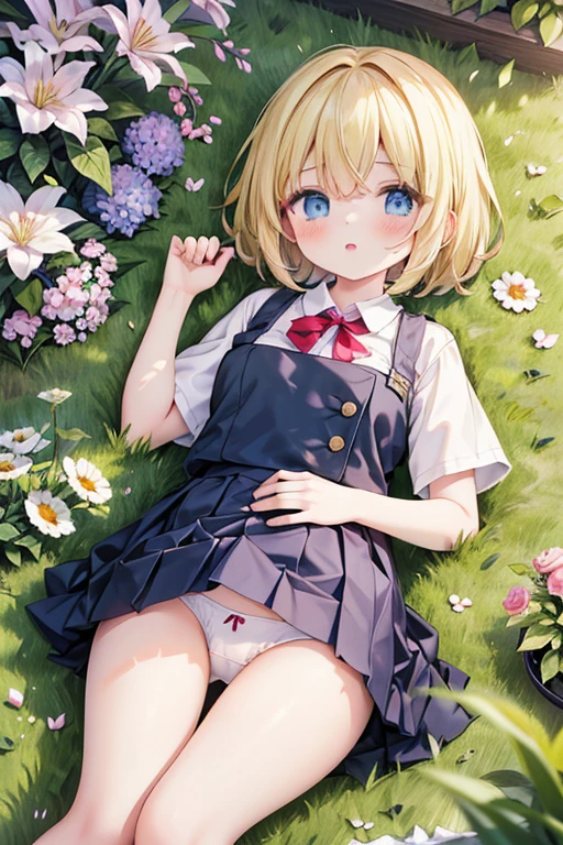 masterpiece, highest quality, High resolution, 、blue eyes、
blonde, Braiding、uniform, White shirt, Check skirt, White panties、garden、Lying on the grass