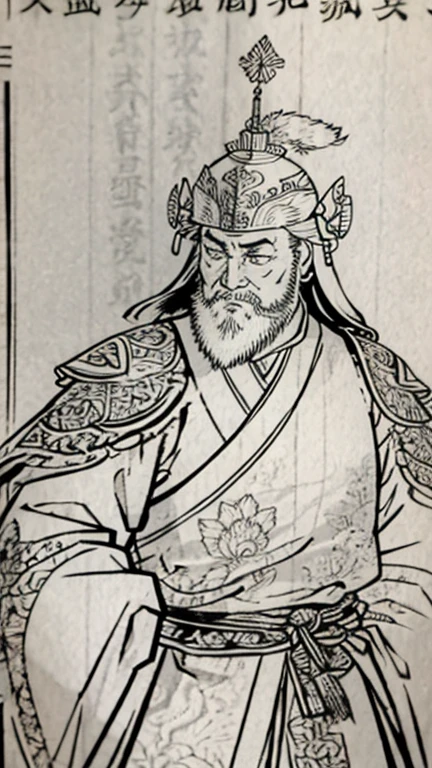 （（（Monochrome）））、（（Men in ancient China））、（ancient chinese helmet）、Beard、Highest quality、masterpiece、Ultra-high resolution、(Realistic:1.4)、Game Poster、Three Kingdoman with a beard,Oriental、Three Kingdoms演義に見られるように々military commander、Crisp and beautiful image quality、whole body ,(Metal Armor, metal dragon head on the shoulder, Holding a sword, (Metal Armor with intricate pattern:1.2), gloves, Long trousers, (Very detailed, bloom:1.5), (Highest quality, Concept Art, 4K), (analog:1.2), (high sharpness), (Detailed pupil:1.1), , Detailed face and eyes, masterpiece, Highest quality, (Very detailed写真:1.1), 8K, photoRealistic, (PurerosFace_v1:0.2), [:(Detailed face:1.2):0.2], sharp, Realistic Shadow, 