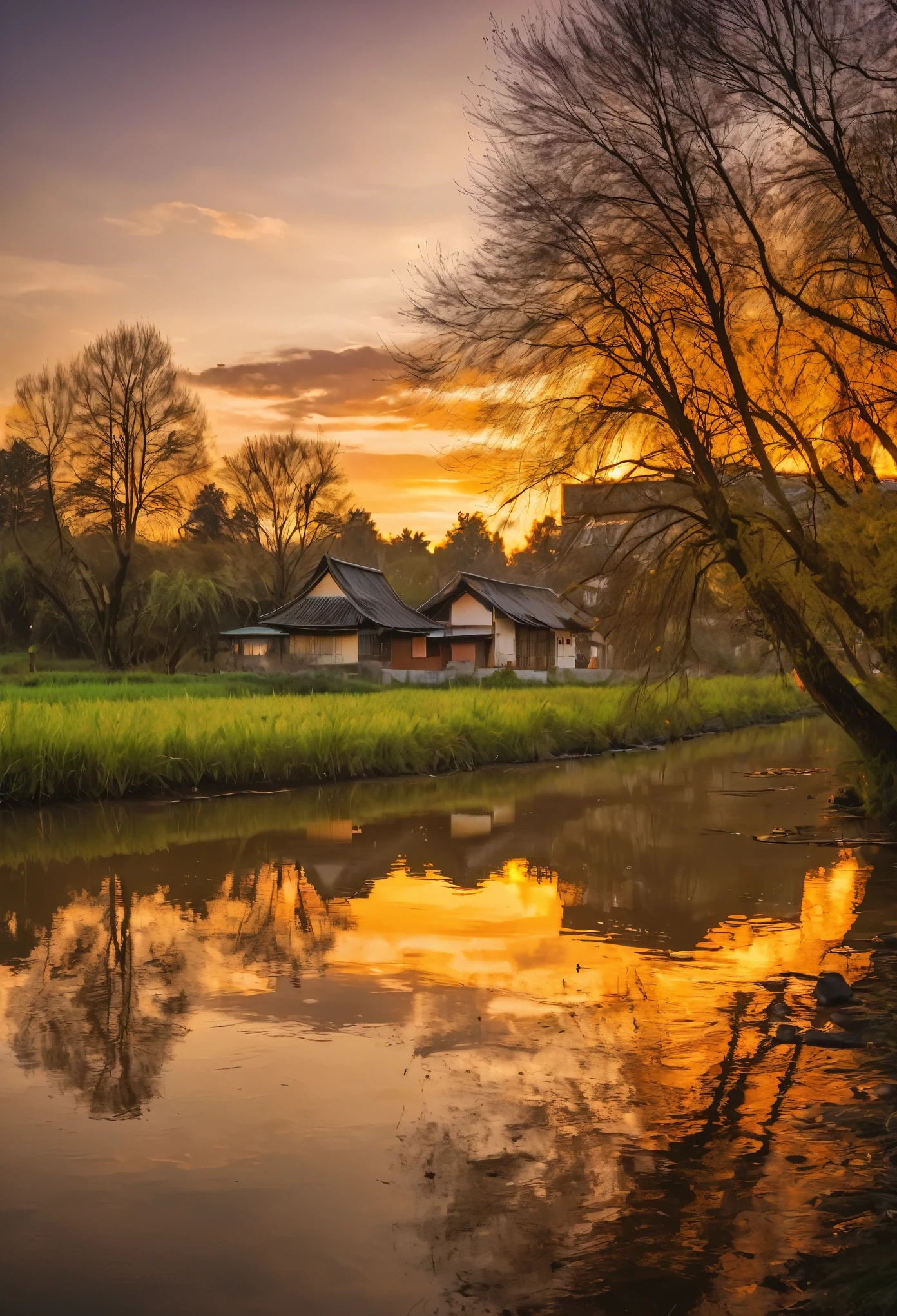 This image depicts a breathtaking sunset over the river.。, Located in a quiet rural setting. The sky is painted in shades of orange and yellow, Reflected in the calm river waters below. Trees in the landscape々and buildings are scattered around, Add depth and scale to your scene. The overall atmosphere of the image is calm and serene., Capture the beauty of nature at sunset.