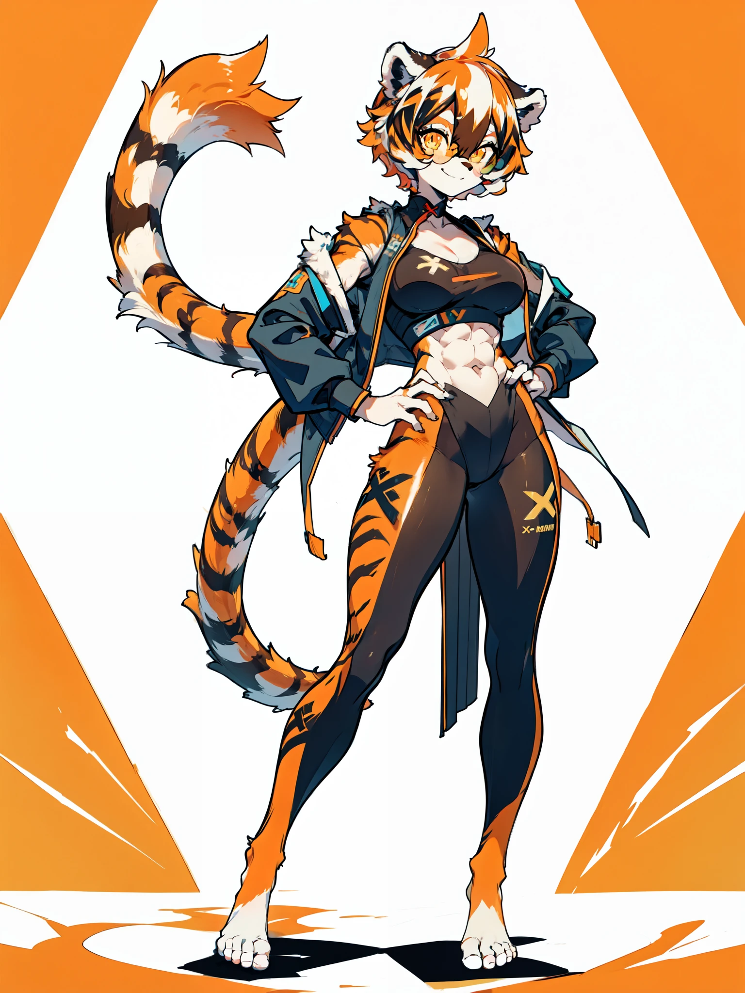 white background, full body, ((furry female:1.2)), Standing, animal ears, white hair, black hair, short hair, large breasts, muscle, tail, orange eyes, orange hair, multicolored hair, tiger girl, hair between eyes, tiger_ears, tiger_tail, orange-tinted_eyewear, tinted_eyewear, big breasts, evil smile, Shadows under feet, Abdominal muscles, (((x-ray outfit:1.2))),jk