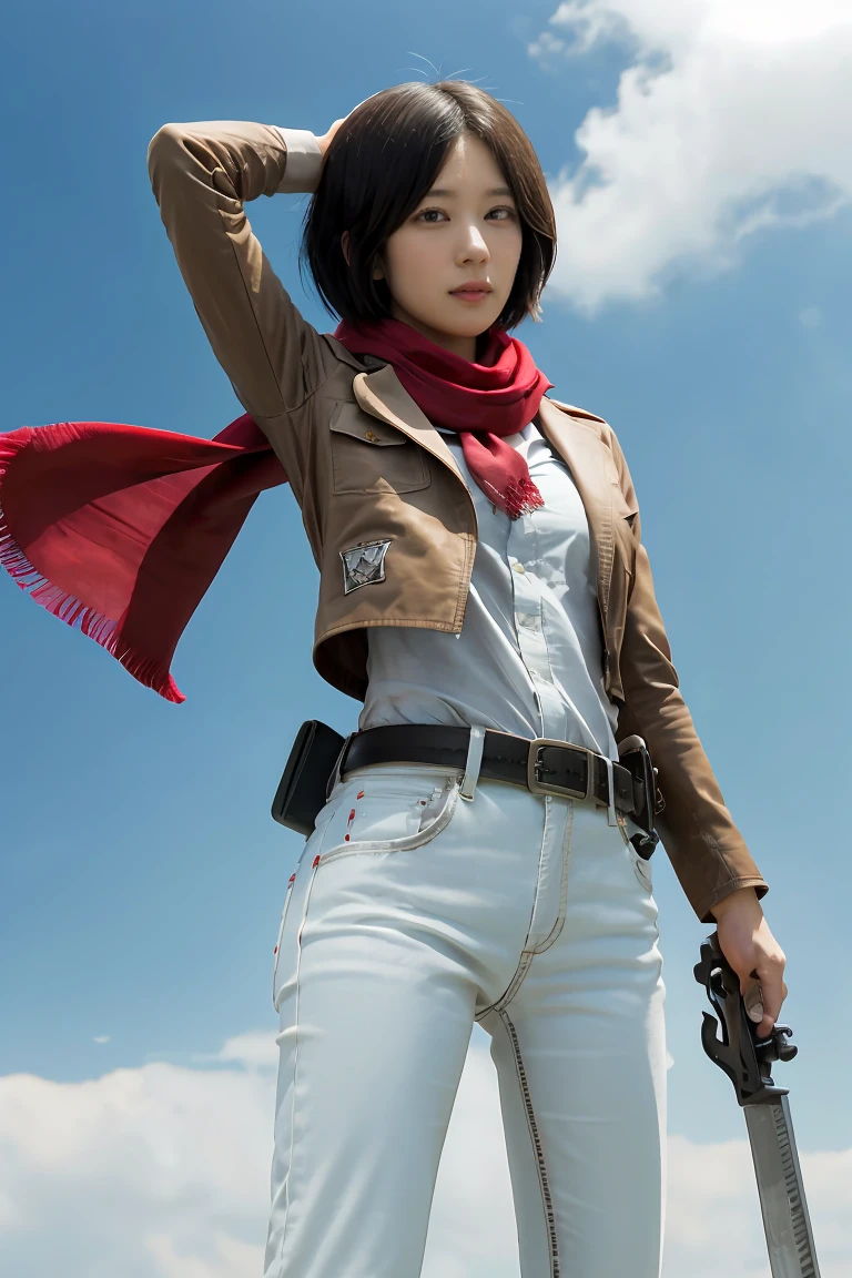 Mikasa, Masterpiece, Best quality, A high resolution, Short hair, Black eyes, Scarf, emblem, belt, thigh band, Red scarf, White pants, Brown jacket, Long sleeves, holding weapon, sword, dual wielding, Three-dimensional electric gear, Arms spread wide, standing on one leg, Wide shot, sky, Highest quality, high resolution.