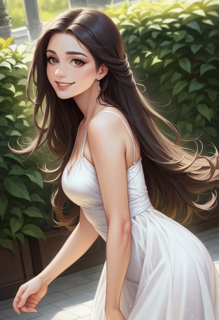 Elegant teenage girl, , indian girl style, crooked but elegant nose, wide, elegant sensual lips small, sweet eyes, Curvy body with delicate, beautiful slender and proportional measurements... Dark brown eyes and long straight hair... standing, With a long, flowery dress smiling with eyes that lack love... fully body.