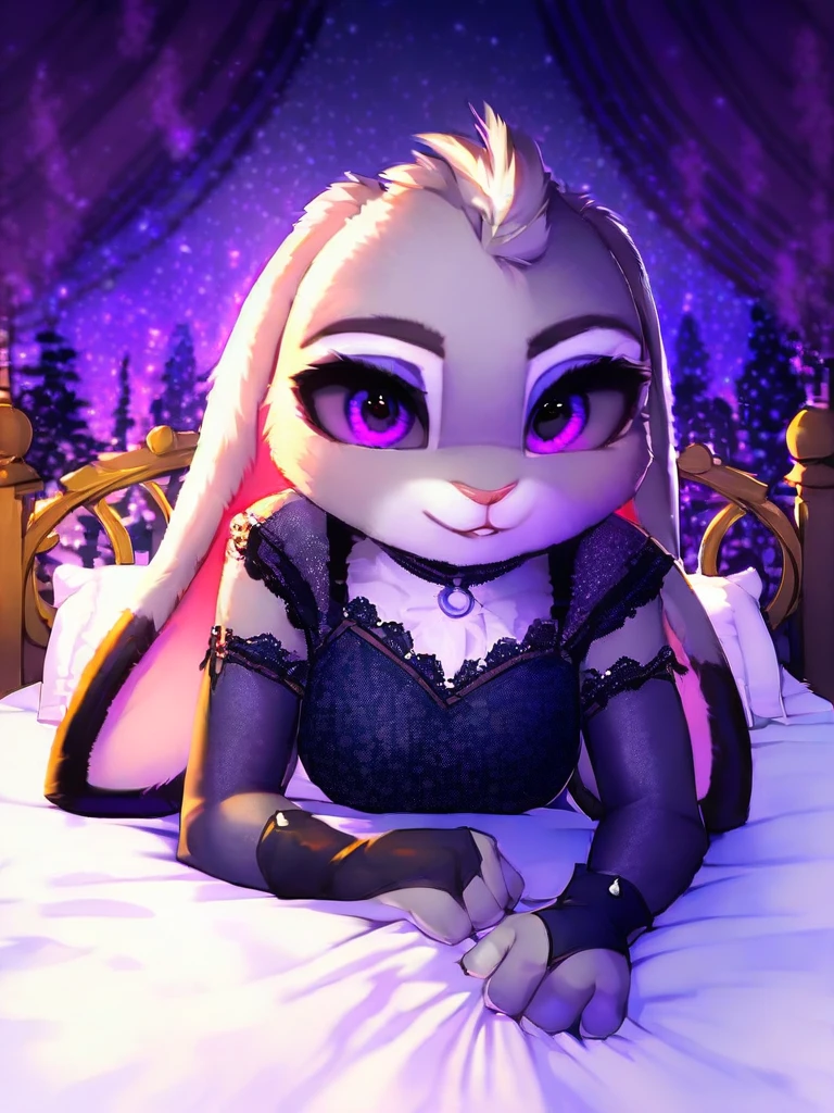 core_9, score_8_up, score_7_up, source_furry, by magnaluna, 1girl, anthro, Judy hopps,fur, purple eyes, black sclera, detailed fur, bedroom, bed, blue sheets, night, detailed background, best quality, thick body, thick furry girl, bed clothes, ((full body)),