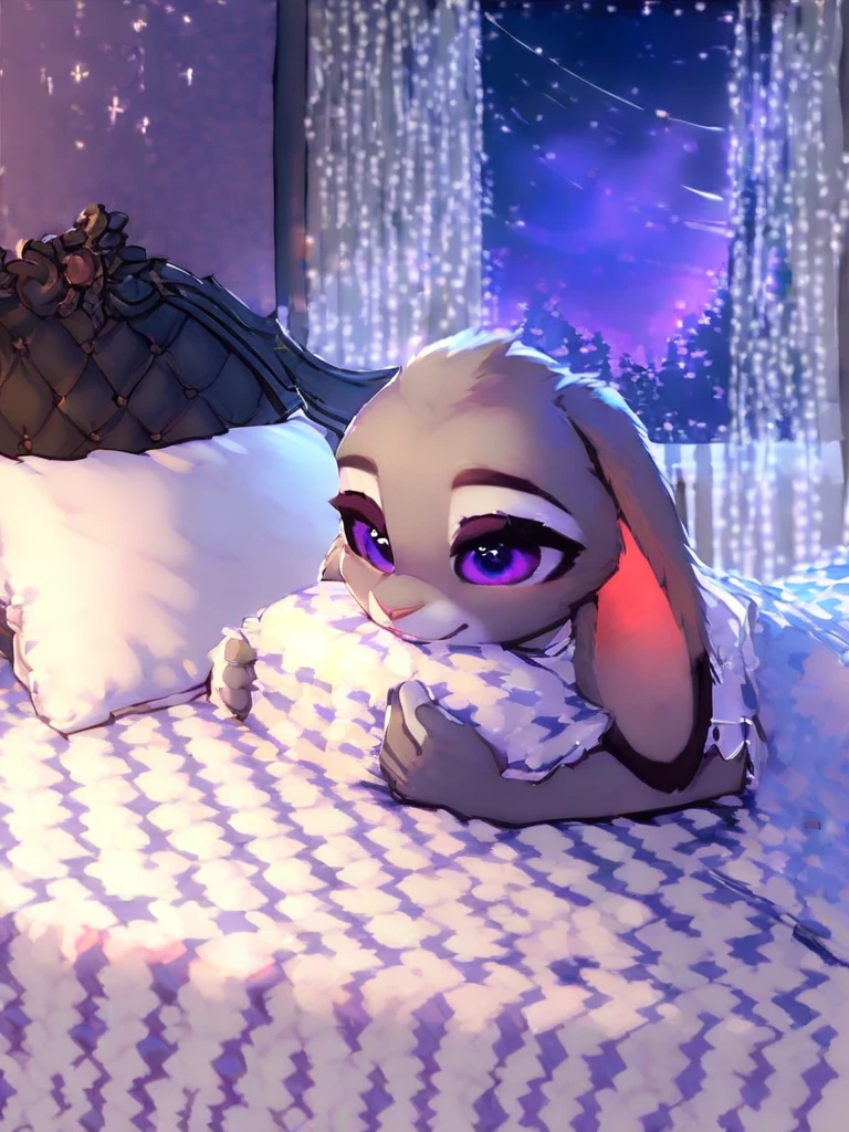 core_9, score_8_up, score_7_up, source_furry, by magnaluna, 1girl, anthro, Judy hopps,fur, purple eyes, black sclera, detailed fur, bedroom, bed, blue sheets, night, detailed background, best quality, thick body, thick furry girl, bed clothes, ((full body)),