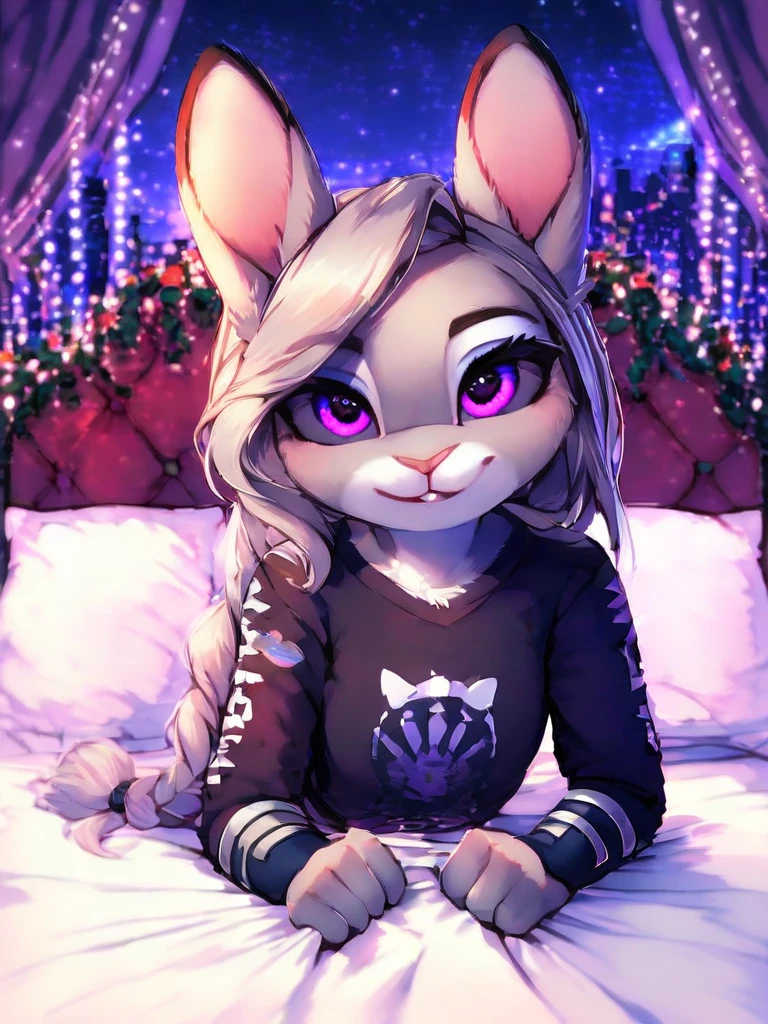 core_9, score_8_up, score_7_up, source_furry, by magnaluna, 1girl, anthro, Judy hopps,fur, purple eyes, black sclera, detailed fur, bedroom, bed, blue sheets, night, detailed background, best quality, thick body, thick furry girl, bed clothes, ((full body)),