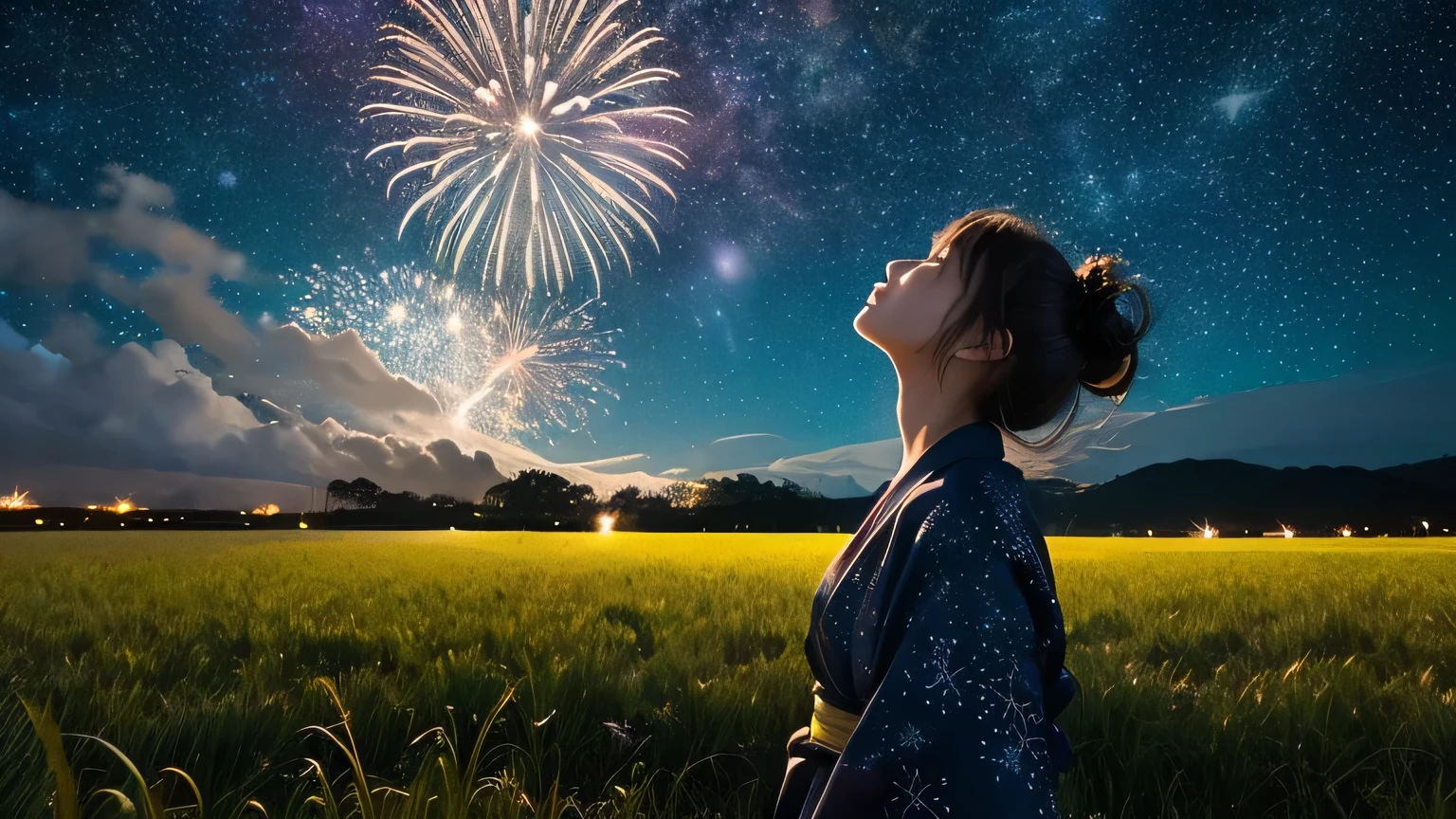 Night view、(The vast starry sky:1.4)、Seven-color sparkling starry sky、Fireworks display、Big fireworks bursting into the night sky、Beautiful skyline、Vast grassland、Paddy field、Very tense and dramatic photo、Moving visual effects、The North Star Hanging High、Colorful night natural light、And a girl in a yukata、
