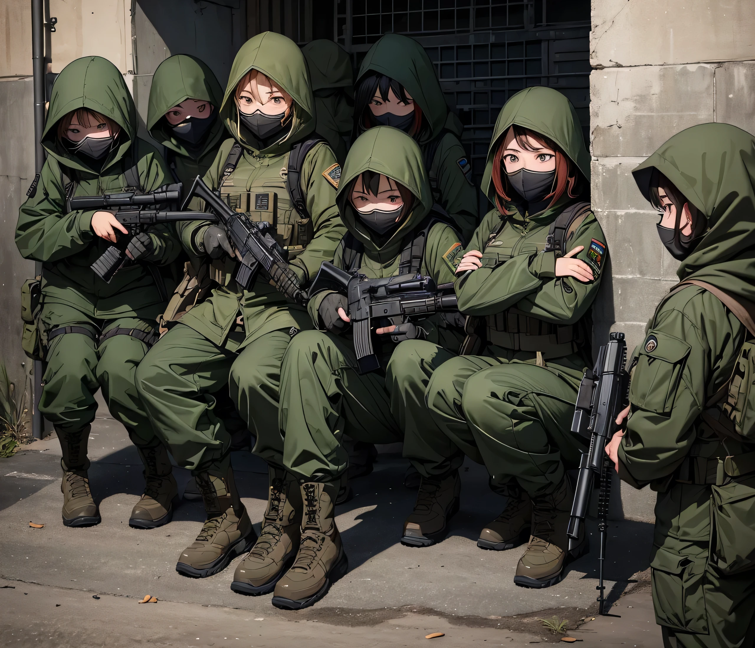 A group of female special forces soldiers with their faces covered,All wear dark green M-51 hooded military uniforms、Hooded on head、Magazine Pouch、Military Pants、Knee pads,Basements and Tunnels、Write details、masterpiece、best quality、Highly detailed CG、8K picture quality