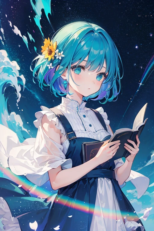 (Highest quality, masterpiece), One Girl, Reading a book, particle, Wind, flower, Upper Body, Simple Background, View your audience, Rainbow Hair, Teal short floating dress, universe, nebula, milky way