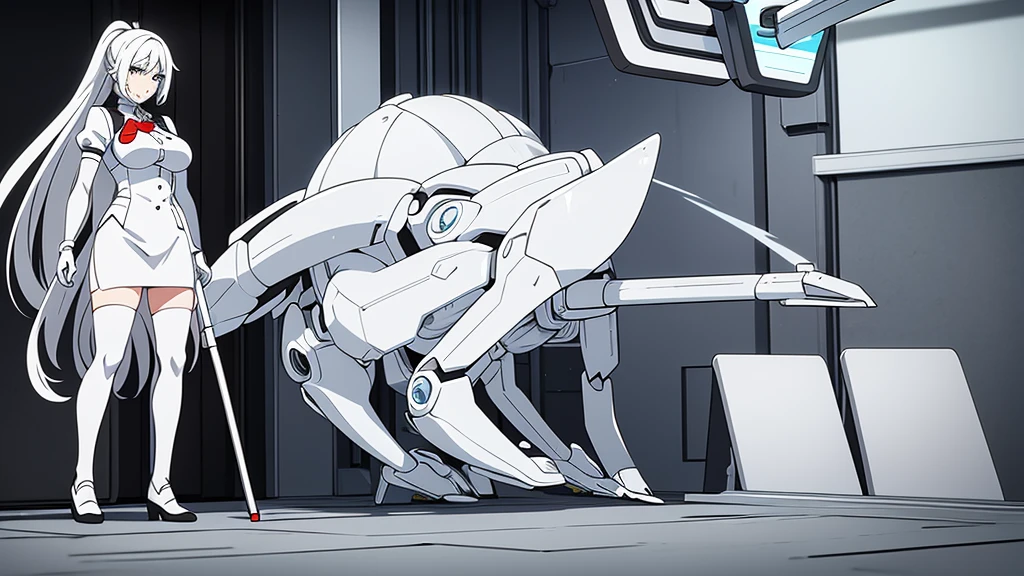 robot woman, with white hair, in white cleaning lady clothes, with white gloves and a skirt, long black stockings that cover her entire legs, anime style, full body art style