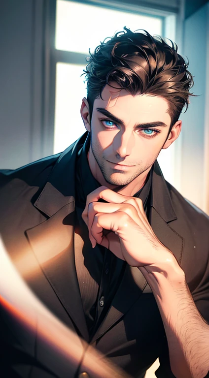 (best quality,4k,8k,highres,masterpiece:1.2),ultra-detailed,(realistic,photorealistic,photo-realistic:1.37),1 man,31 years old,mature man,very handsome,without expression,smile,short grey black hair,blue eyes,penetrating gaze,perfect face without errors,imposing posture,businessman,office background,cinematic lighting,hdr image
