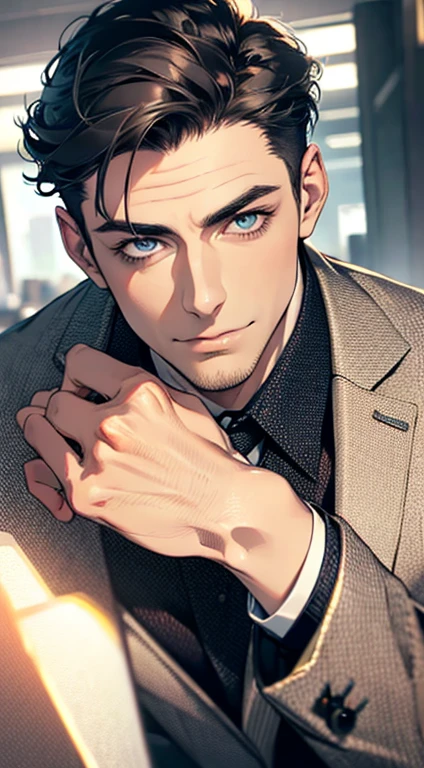 (best quality,4k,8k,highres,masterpiece:1.2),ultra-detailed,(realistic,photorealistic,photo-realistic:1.37),1 man,31 years old,mature man,very handsome,without expression,smile,short grey black hair,blue eyes,penetrating gaze,perfect face without errors,imposing posture,businessman,office background,cinematic lighting,hdr image