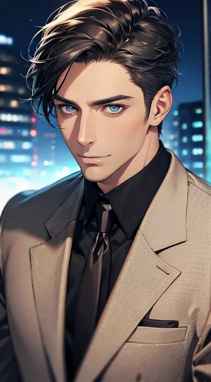 (best quality,4k,8k,highres,masterpiece:1.2),ultra-detailed,(realistic,photorealistic,photo-realistic:1.37),1 man,31 years old,mature man,very handsome,without expression,smile,short grey black hair,blue eyes,penetrating gaze,perfect face without errors,imposing posture,businessman,office background,cinematic lighting,hdr image
