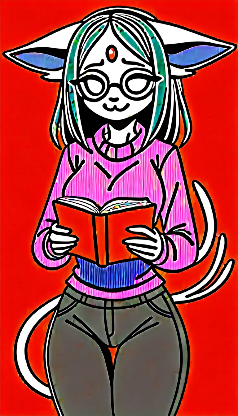 Excited expression, 1girl, anthro, furry, fur, fluffy fur, espeon girl, purple hair (black highlights), purple sclera, white eyes, pony tail hair, straight hair, (19 years), medium breast, thicc thighs, solo, (library), detailed, smug smile, purple glasses, purple turtle neck sweater, baggy pants (black pants), holding books, nervous, shy, looking at the viewer, score_9, score_8_up, score_7_up, score_6_up, score_5_up, score_4_up