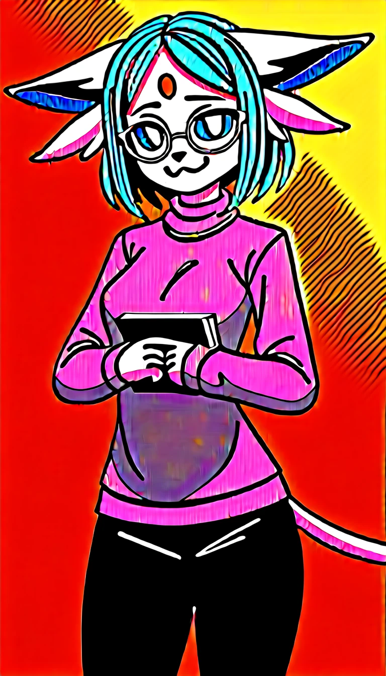 Excited expression, 1girl, anthro, furry, fur, fluffy fur, espeon girl, purple hair (black highlights), purple sclera, white eyes, pony tail hair, straight hair, (19 years), medium breast, thicc thighs, solo, (library), detailed, smug smile, purple glasses, purple turtle neck sweater, baggy pants (black pants), holding books, nervous, shy, looking at the viewer, score_9, score_8_up, score_7_up, score_6_up, score_5_up, score_4_up