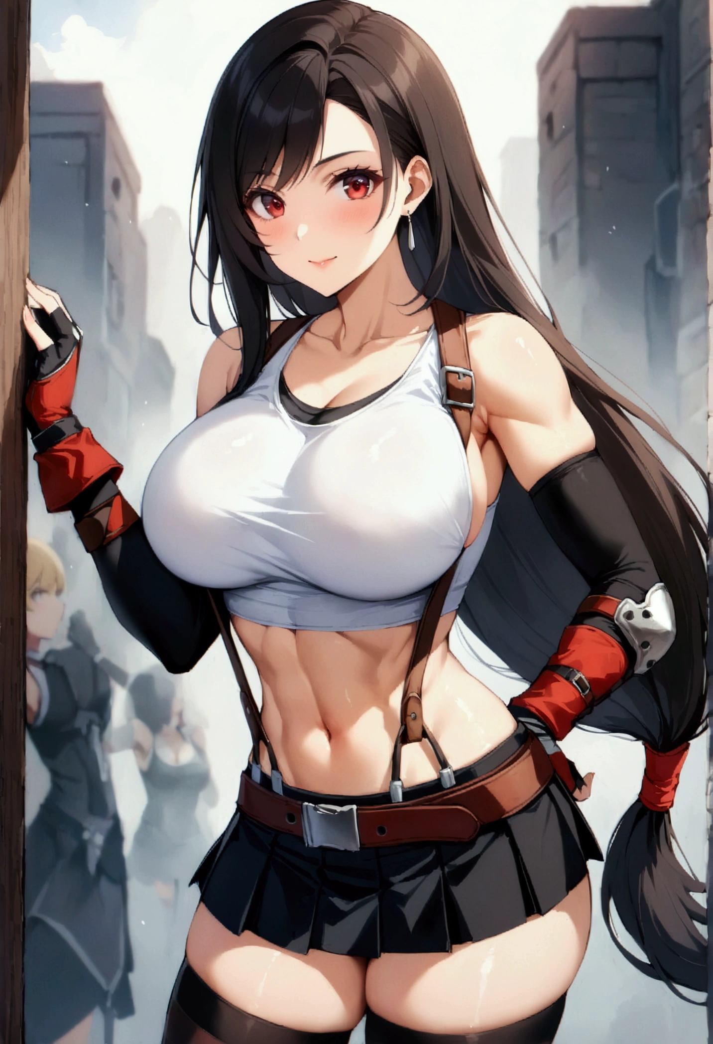 Anime, (((destroyed town, collapsed school))), from side, brown hair, brown eyes, medium breasts, chest sarashi, (torn clothes), no bra, bottomless, show off pussy, disdain, contemptuous, disgust, scared, cry, skyporn, Nipple Tweaking, Areola, perfect nipples, puffy niples, nipples through, ((best quality)), spread pussy, sexual fluid, pussy juice, drooling, dirty skin, bare nipples