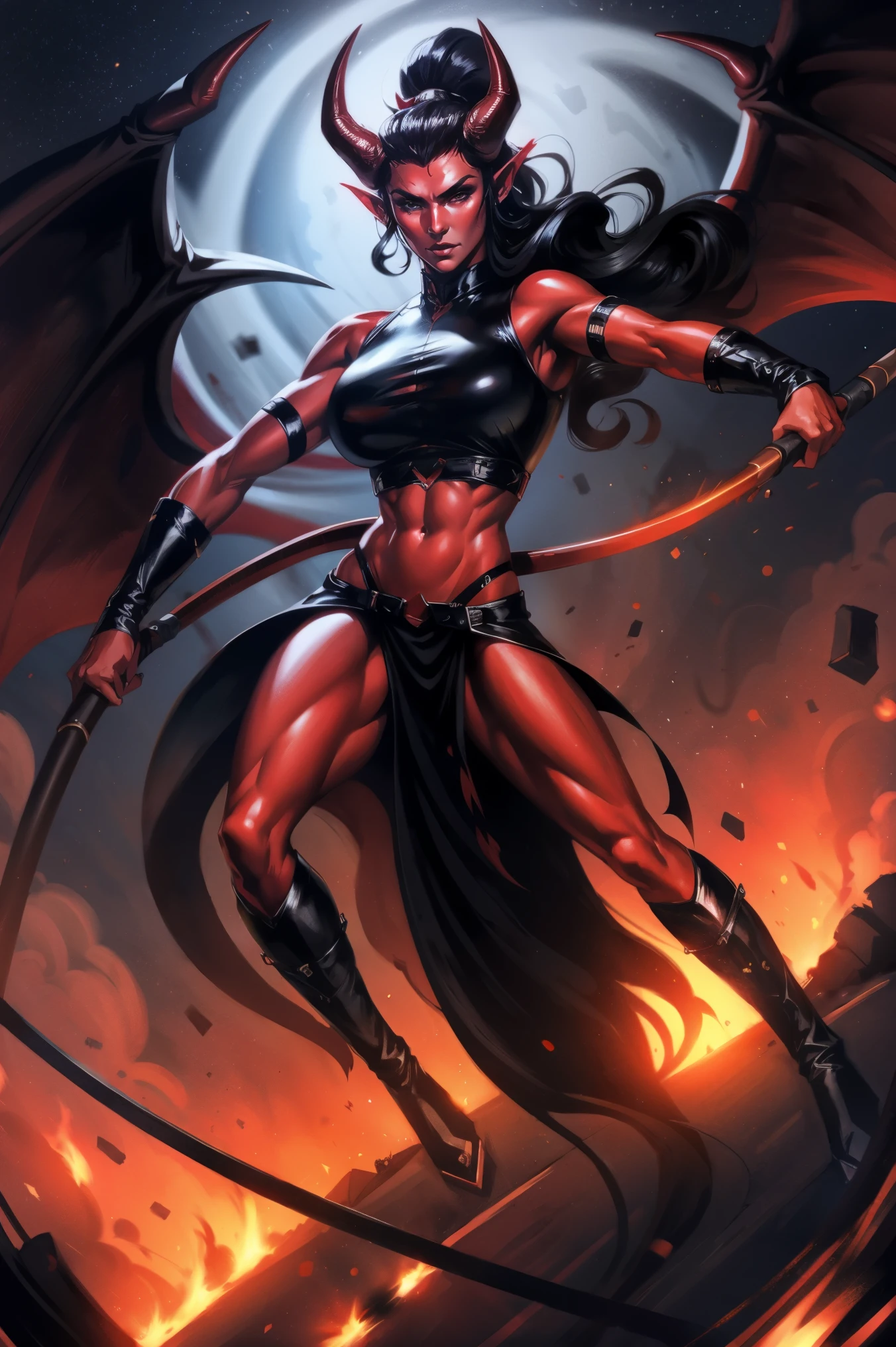 Red skin succubus tiefling, medium breasts, black horns, wings, huge tail, black leather, crop top, long flowing pelvic curtain, tall, toned, graceful, thin, long black ponytail. Action scene, whip. Dark scene, explosions, night sky.
