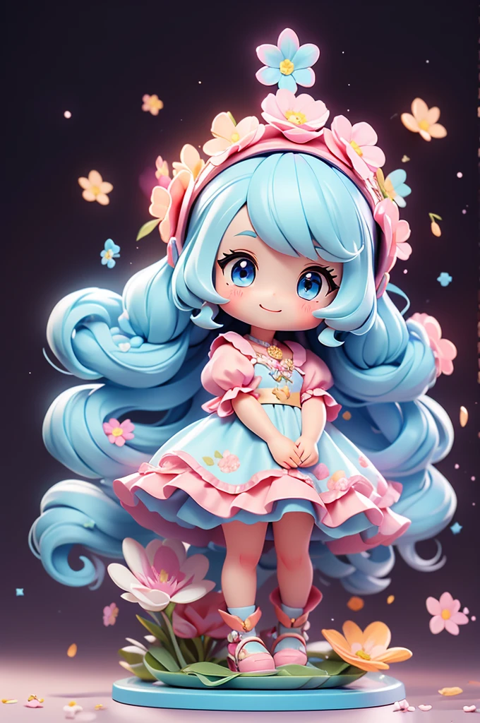 photoRealstic、Doll standing in front of the painting(nendroid)、Light blue long hair、Twin-tailed、adorable smiling、Water droplets on the cheeks、In a cute pose、watercolor Nendoroid、(High Definition Figure)、Flowing iridescent silk、up of face、Eye Up、Colorcon with heart pattern、Floral patterns dress up your heart with both hands、There is also a flower in front of the petal below the Nendoroid.....、season!!: Winters☀ 🍂