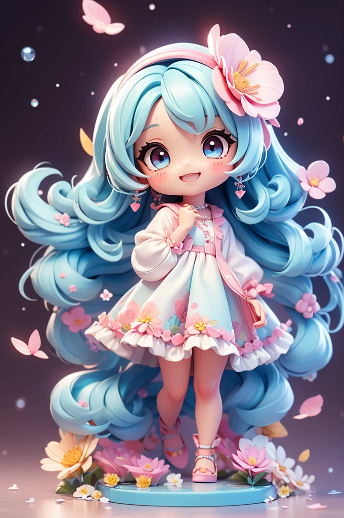 photoRealstic、Doll standing in front of the painting(nendroid)、Light blue long hair、Twin-tailed、adorable smiling、Water droplets on the cheeks、In a cute pose、watercolor Nendoroid、(High Definition Figure)、Flowing iridescent silk、up of face、Eye Up、Colorcon with heart pattern、Floral patterns dress up your heart with both hands、There is also a flower in front of the petal below the Nendoroid.....、season!!: Winters☀ 🍂