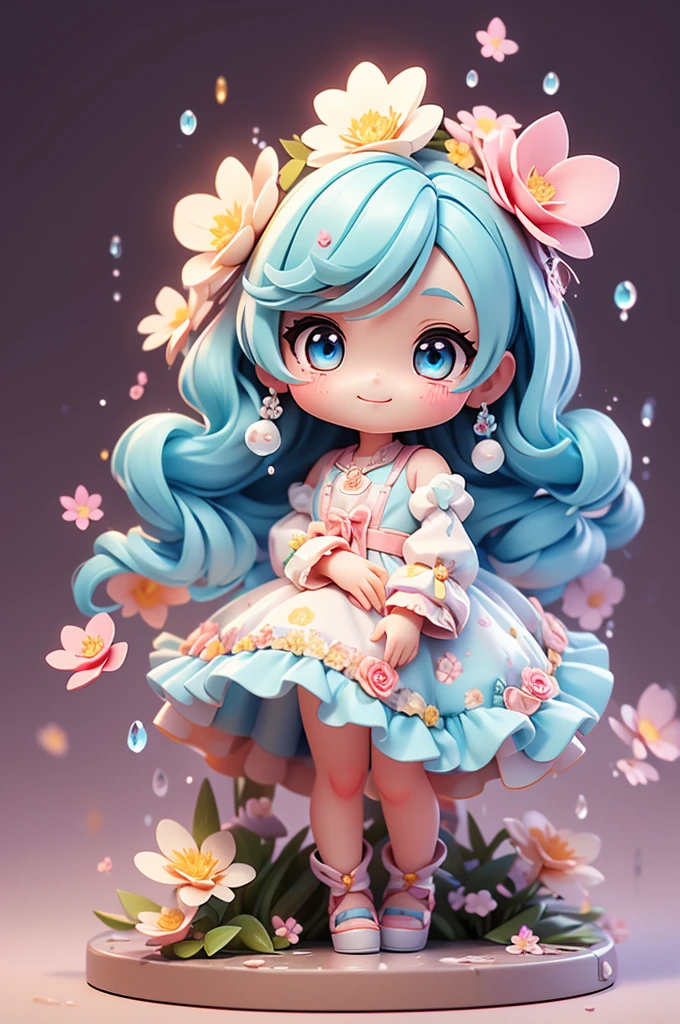 photoRealstic、Doll standing in front of the painting(nendroid)、Light blue long hair、Twin-tailed、adorable smiling、Water droplets on the cheeks、In a cute pose、watercolor Nendoroid、(High Definition Figure)、Flowing iridescent silk、up of face、Eye Up、Colorcon with heart pattern、Floral patterns dress up your heart with both hands、There is also a flower in front of the petal below the Nendoroid.....、season!!: Winters☀ 🍂